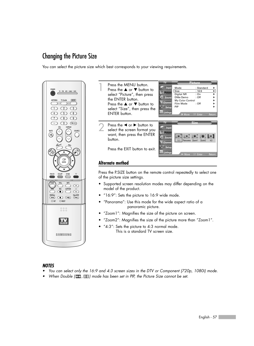 Samsung HL-R6767W manual Changing the Picture Size 