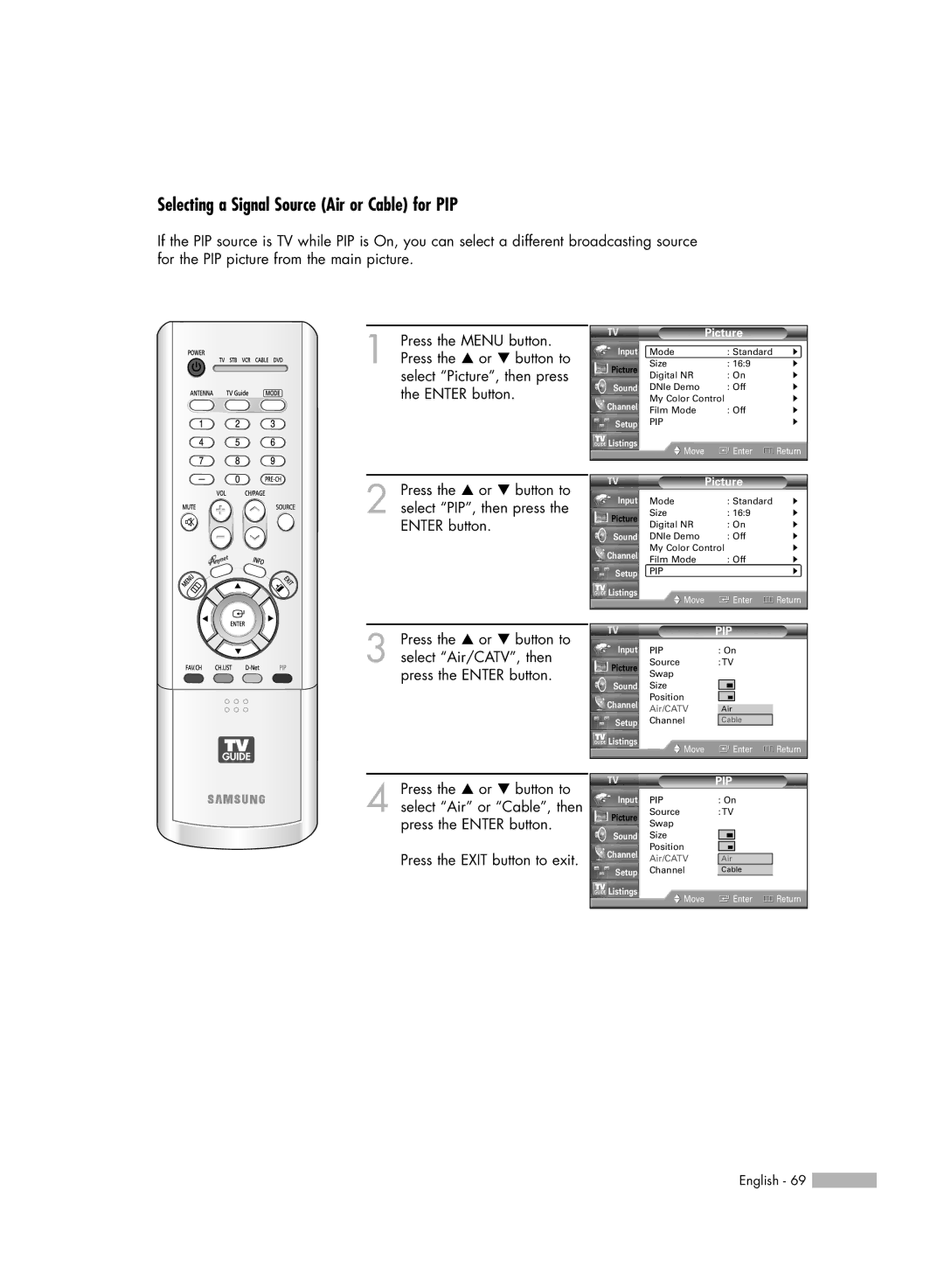 Samsung HL-R6767W manual Selecting a Signal Source Air or Cable for PIP 