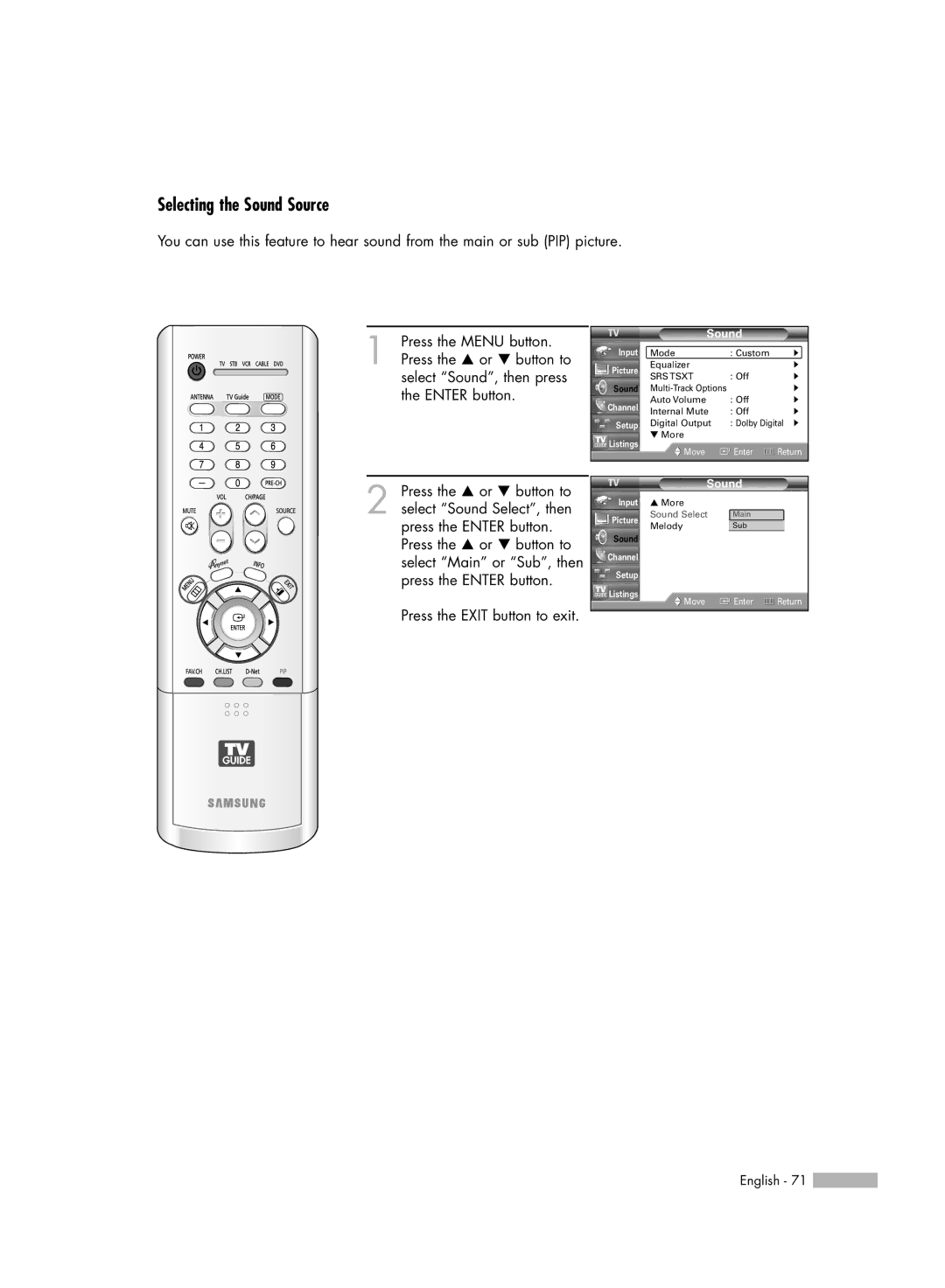 Samsung HL-R6767W manual Selecting the Sound Source 