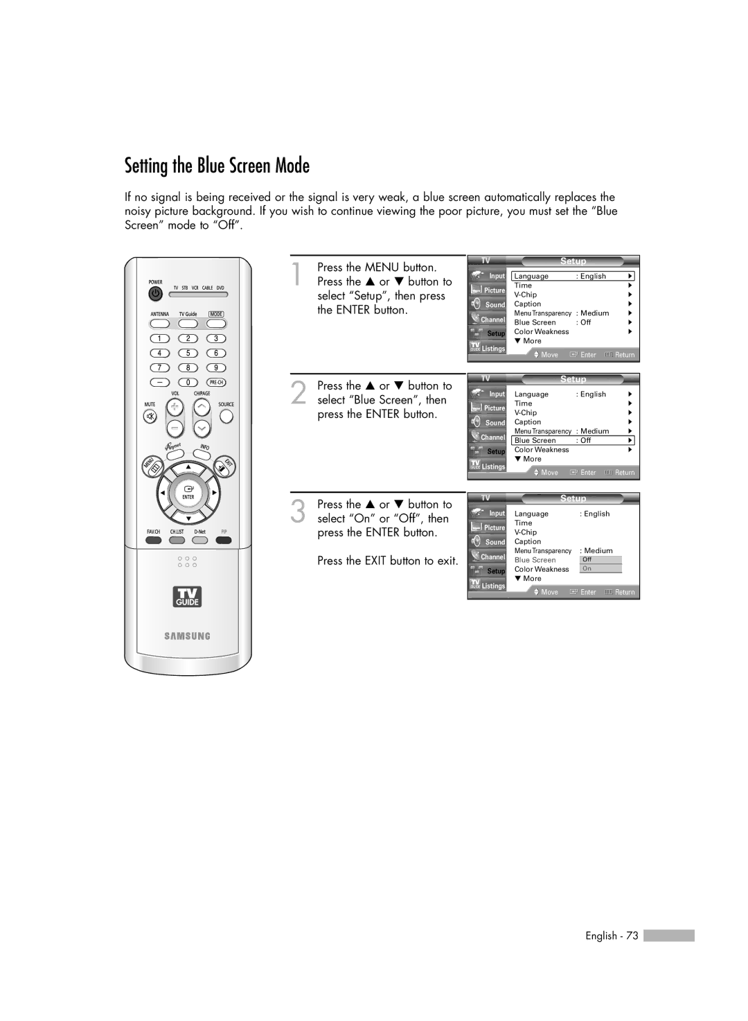 Samsung HL-R6767W manual Setting the Blue Screen Mode, Setup 