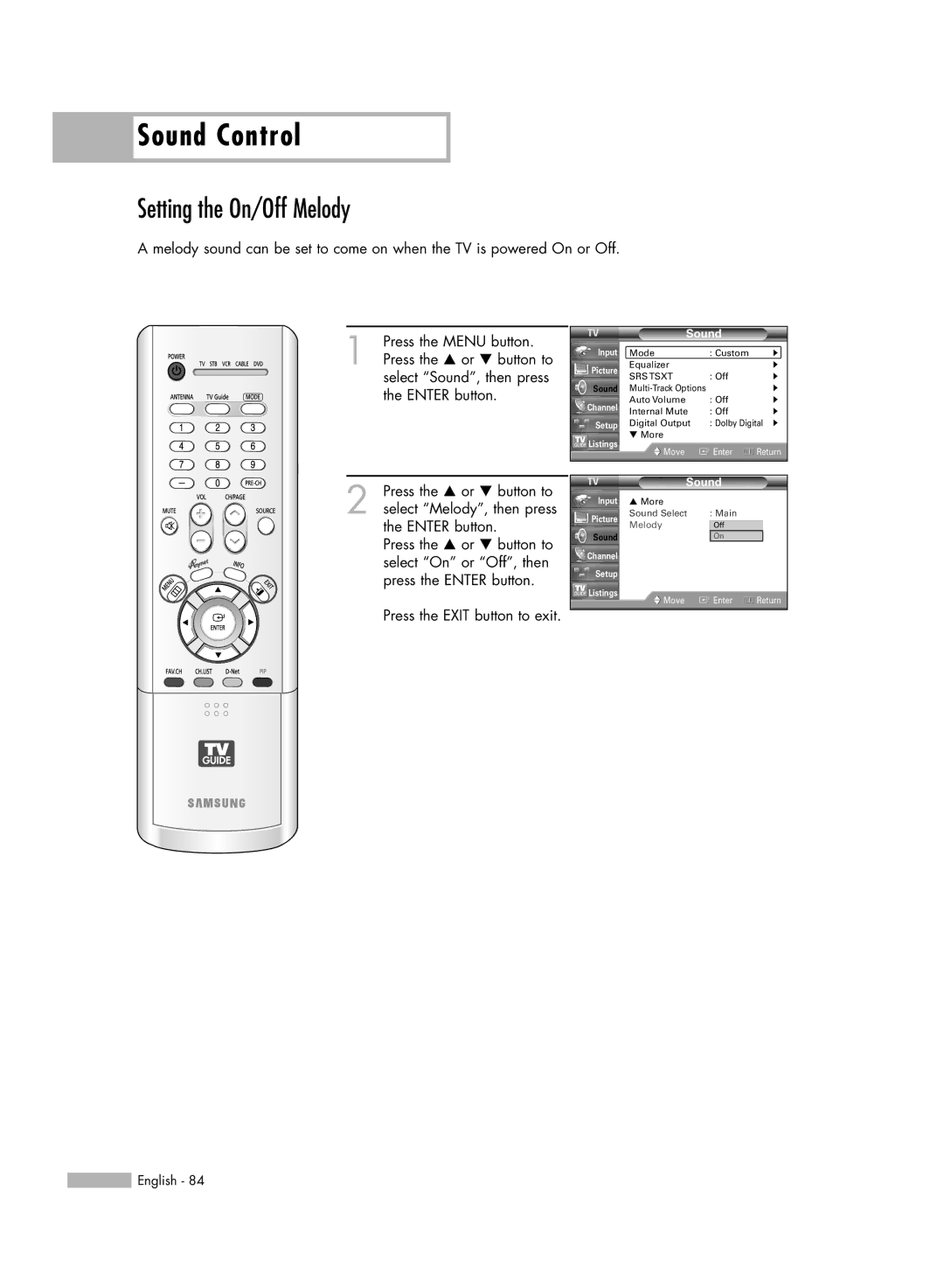 Samsung HL-R6767W manual Setting the On/Off Melody, Select Sound, then press the Enter button 