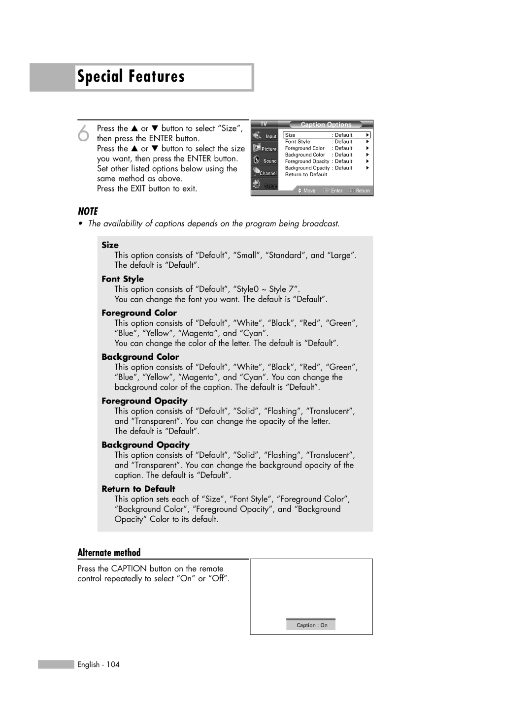 Samsung HL-S4676S manual Size, Font Style, Foreground Color, Background Color, Foreground Opacity, Background Opacity 