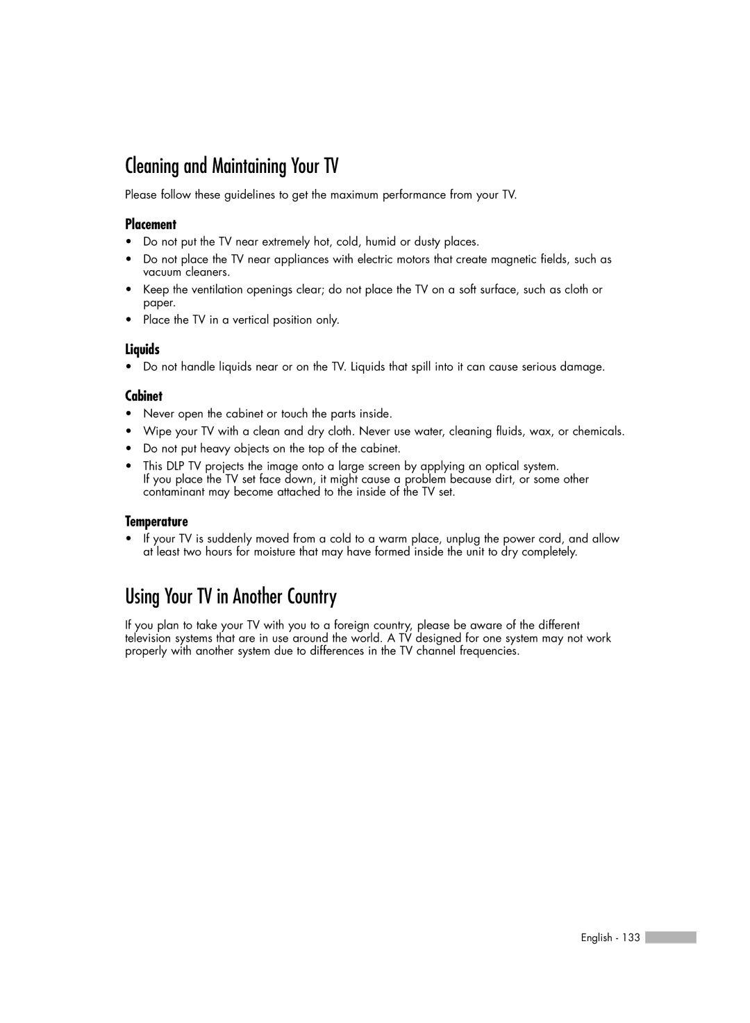 Samsung HL-S4676S manual Cleaning and Maintaining Your TV, Using Your TV in Another Country 