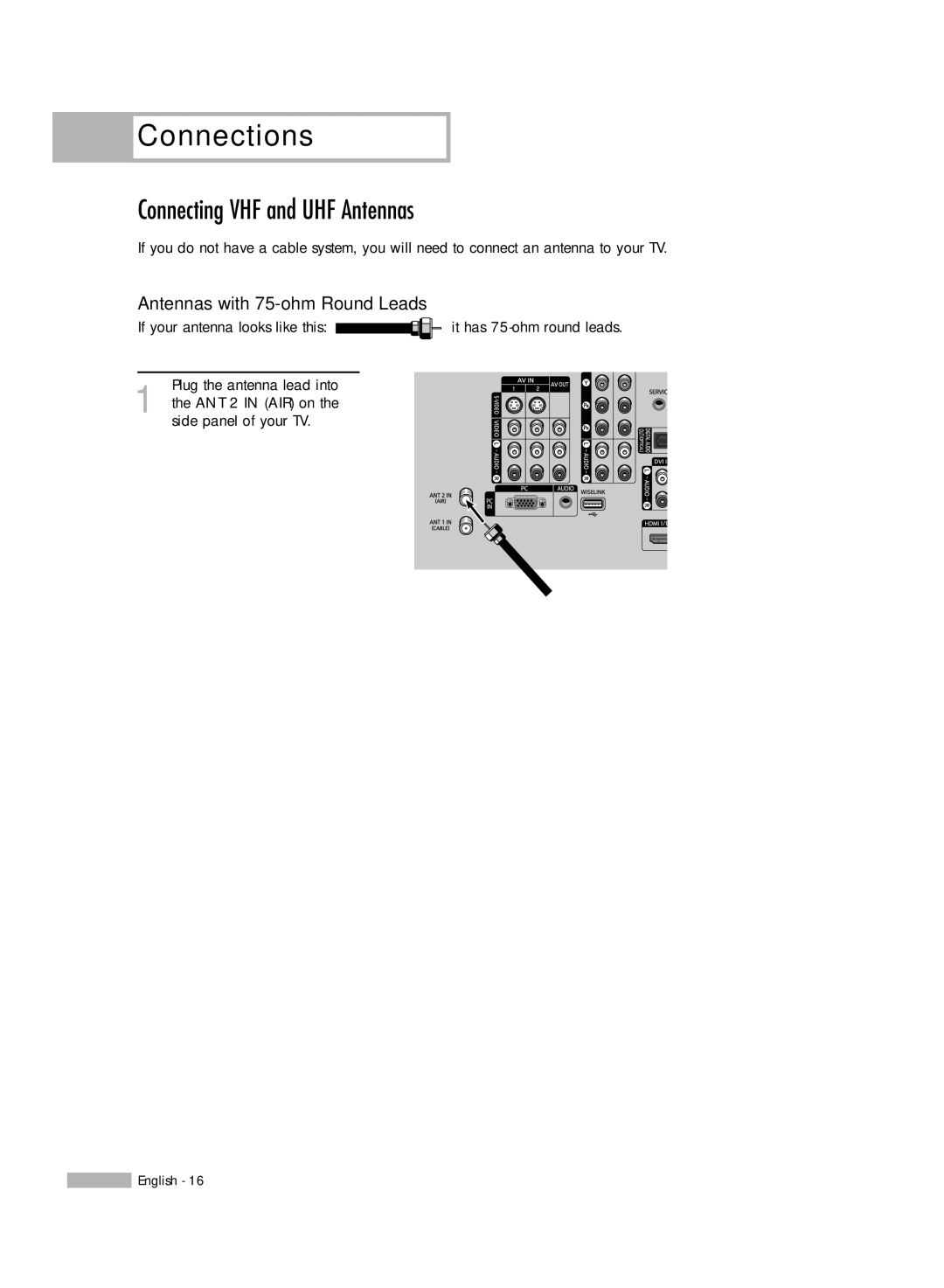 Samsung HL-S4676S manual Connecting VHF and UHF Antennas, Antennas with 75-ohm Round Leads 