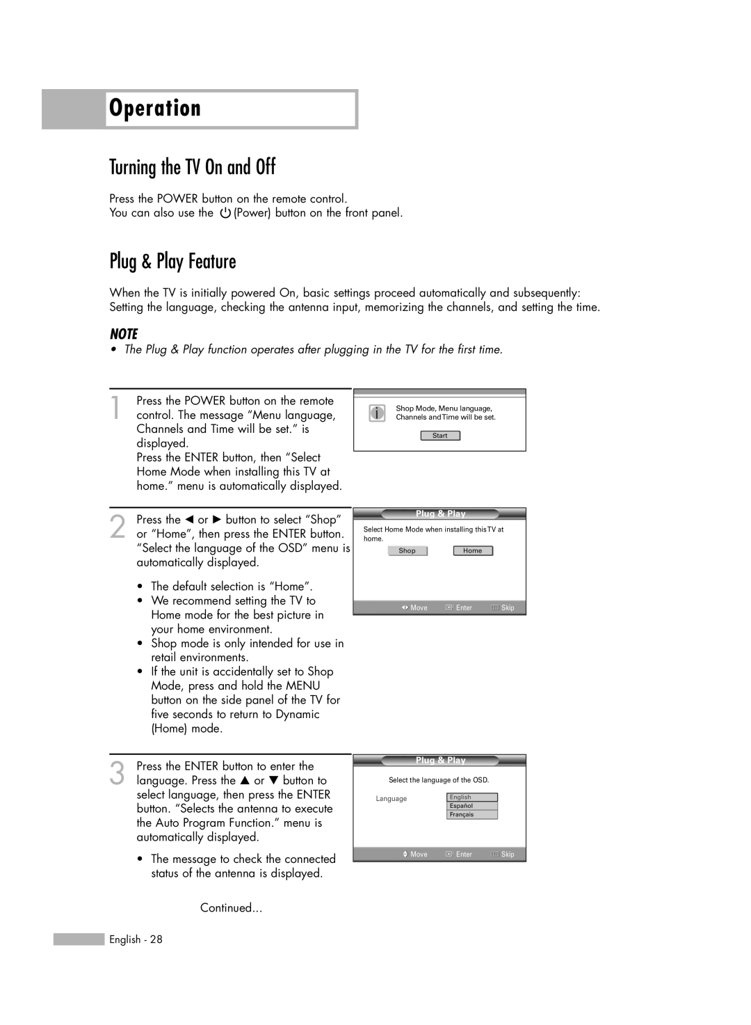 Samsung HL-S4676S manual Turning the TV On and Off, Plug & Play Feature 