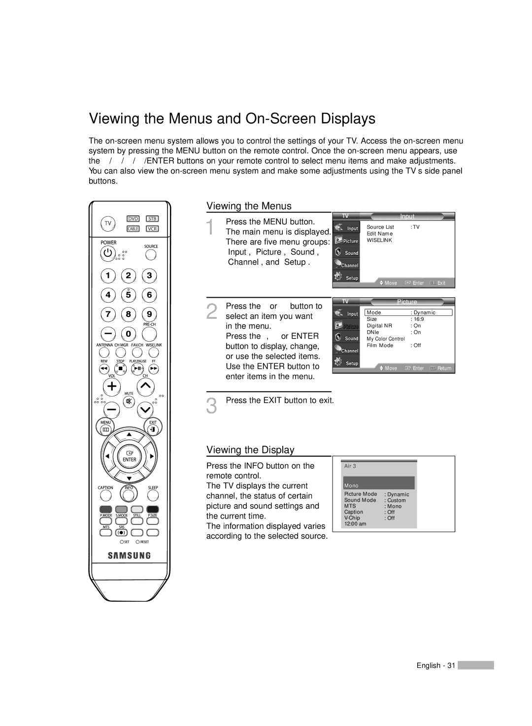 Samsung HL-S4676S manual Viewing the Menus and On-Screen Displays, Viewing the Display 