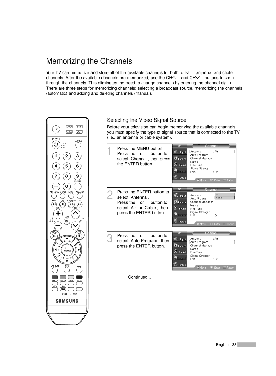 Samsung HL-S4676S manual Memorizing the Channels, Selecting the Video Signal Source 