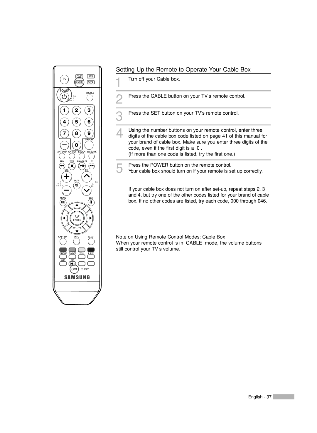 Samsung HL-S4676S manual Setting Up the Remote to Operate Your Cable Box 