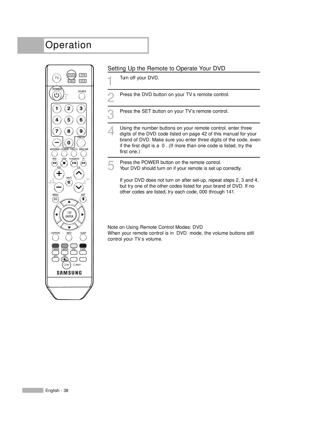 Samsung HL-S4676S manual Setting Up the Remote to Operate Your DVD 