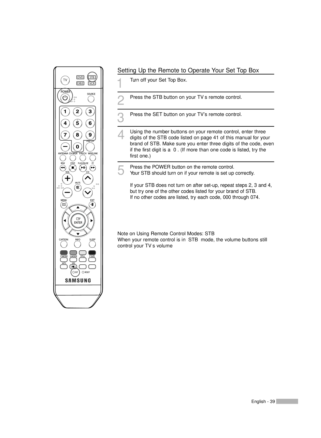 Samsung HL-S4676S manual Setting Up the Remote to Operate Your Set Top Box 
