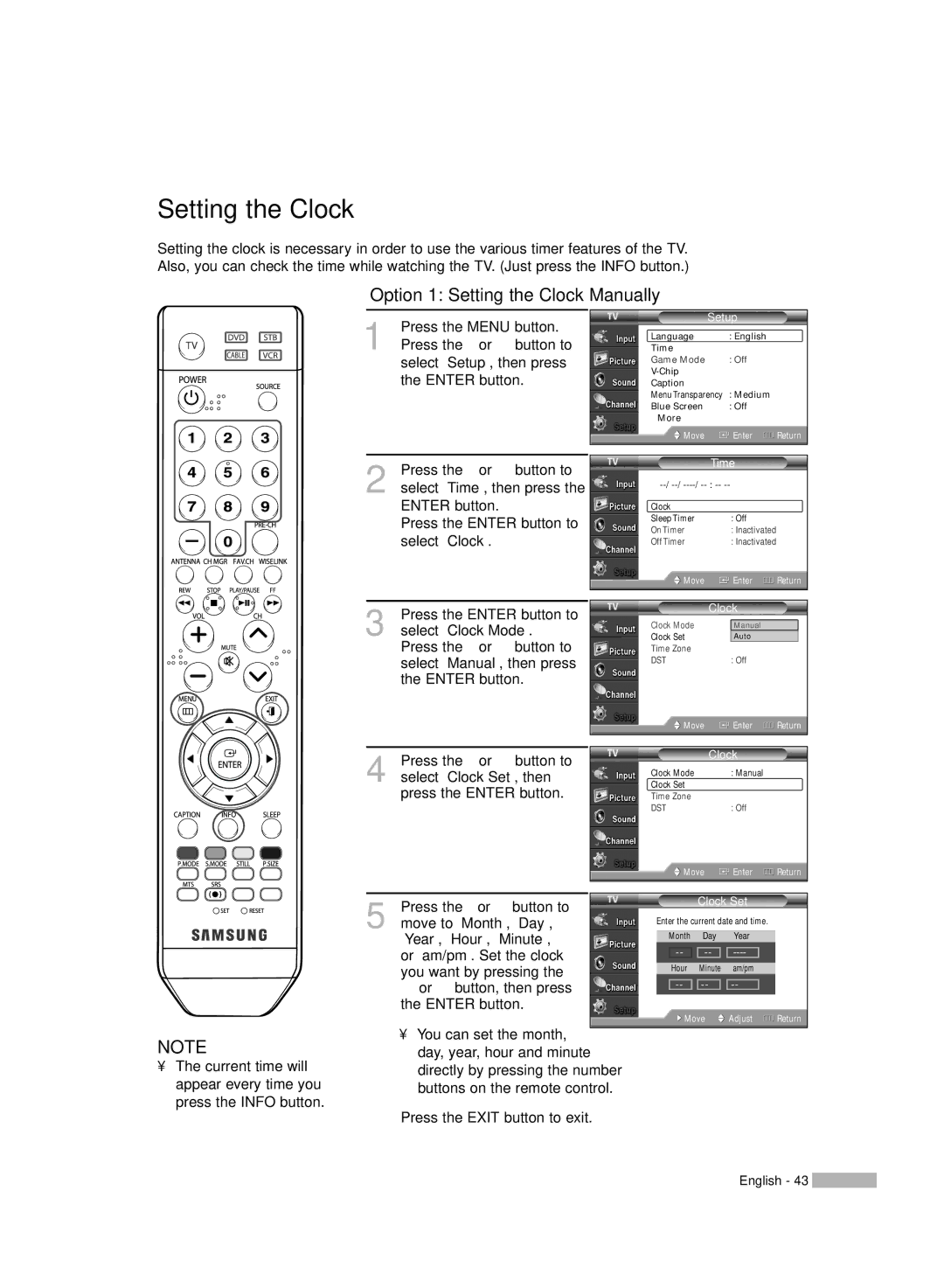 Samsung HL-S4676S manual Option 1 Setting the Clock Manually 