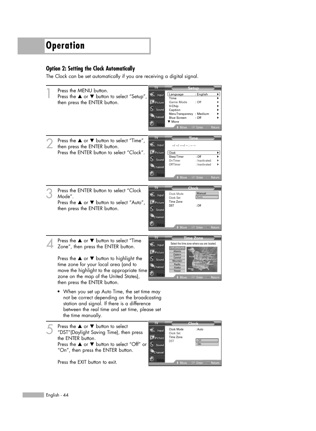 Samsung HL-S4676S manual Option 2 Setting the Clock Automatically 