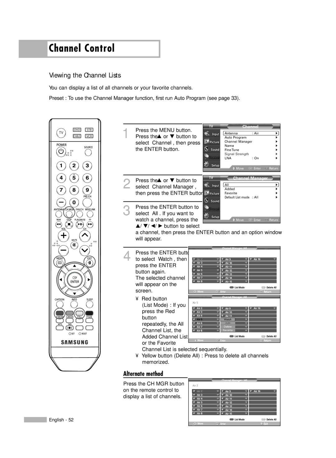 Samsung HL-S4676S manual Viewing the Channel Lists, Alternate method 