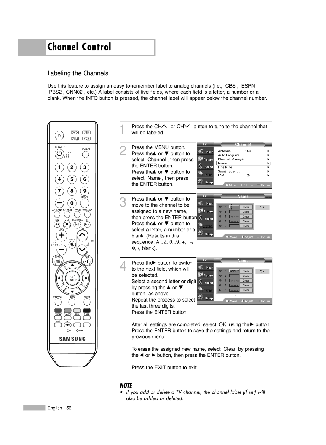 Samsung HL-S4676S manual Labeling the Channels 