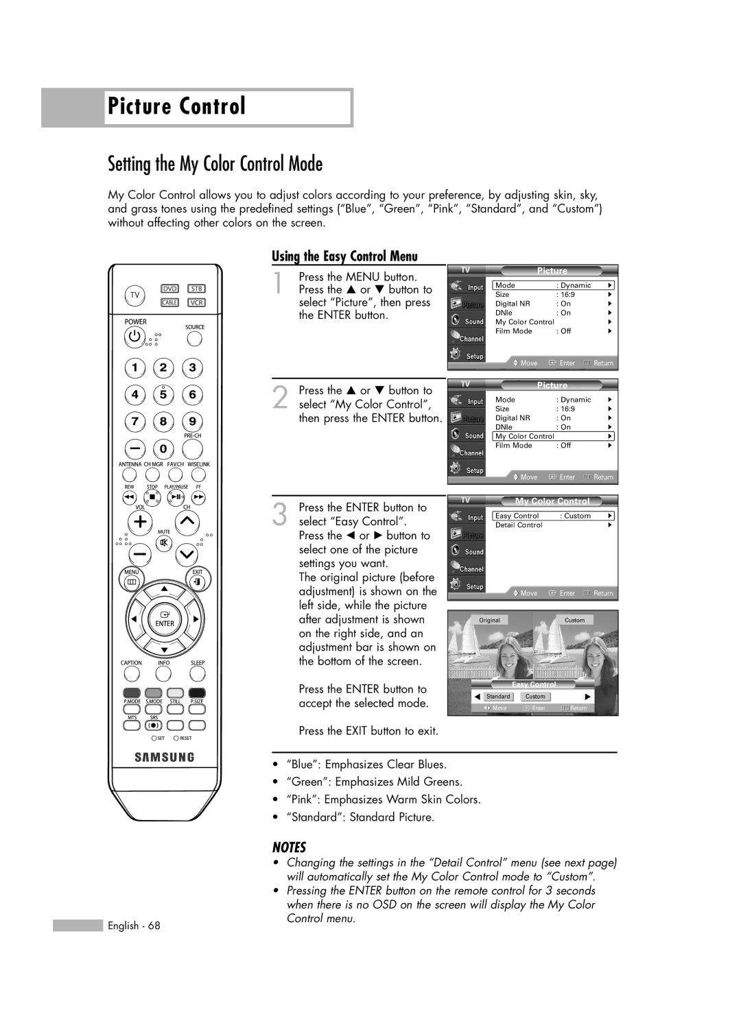 Samsung HL-S4676S manual Setting the My Color Control Mode, Using the Easy Control Menu 