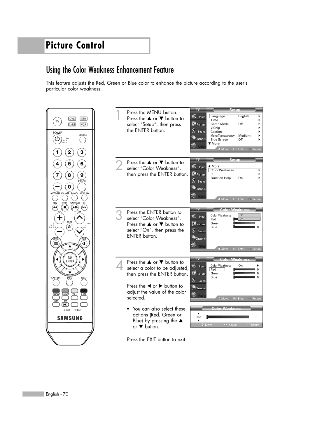 Samsung HL-S4676S manual Using the Color Weakness Enhancement Feature 