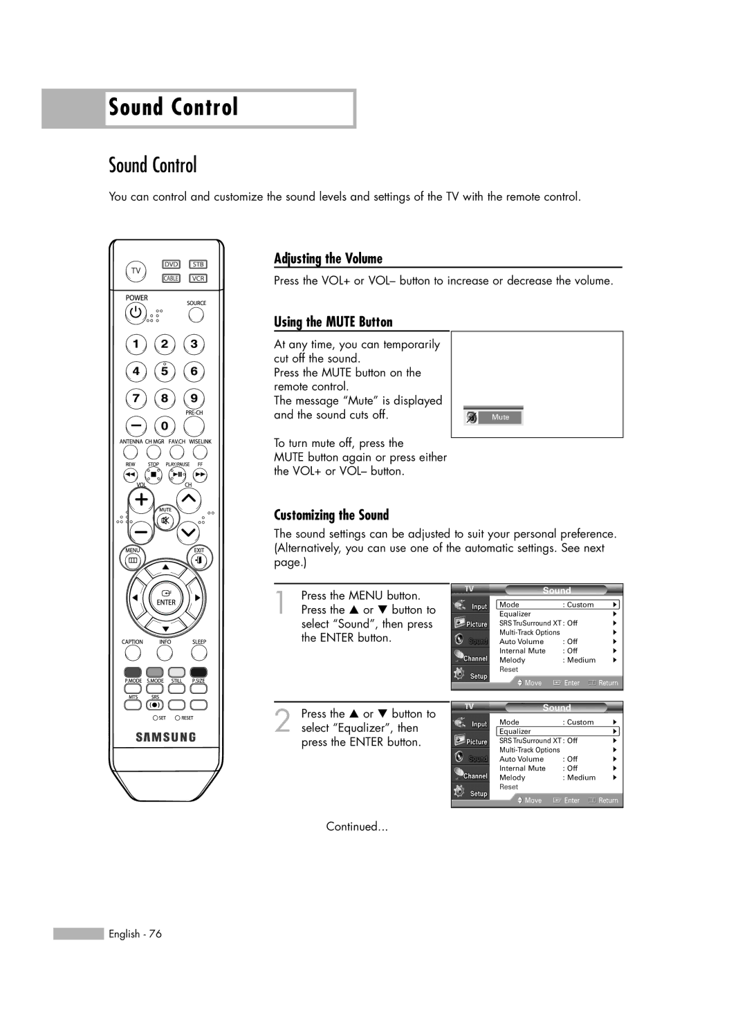 Samsung HL-S4676S manual Sound Control, Adjusting the Volume, Using the Mute Button, Customizing the Sound 