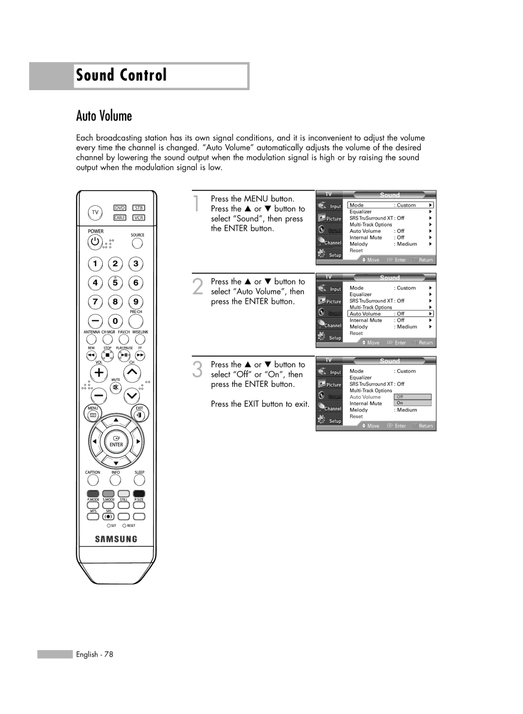 Samsung HL-S4676S manual Auto Volume 