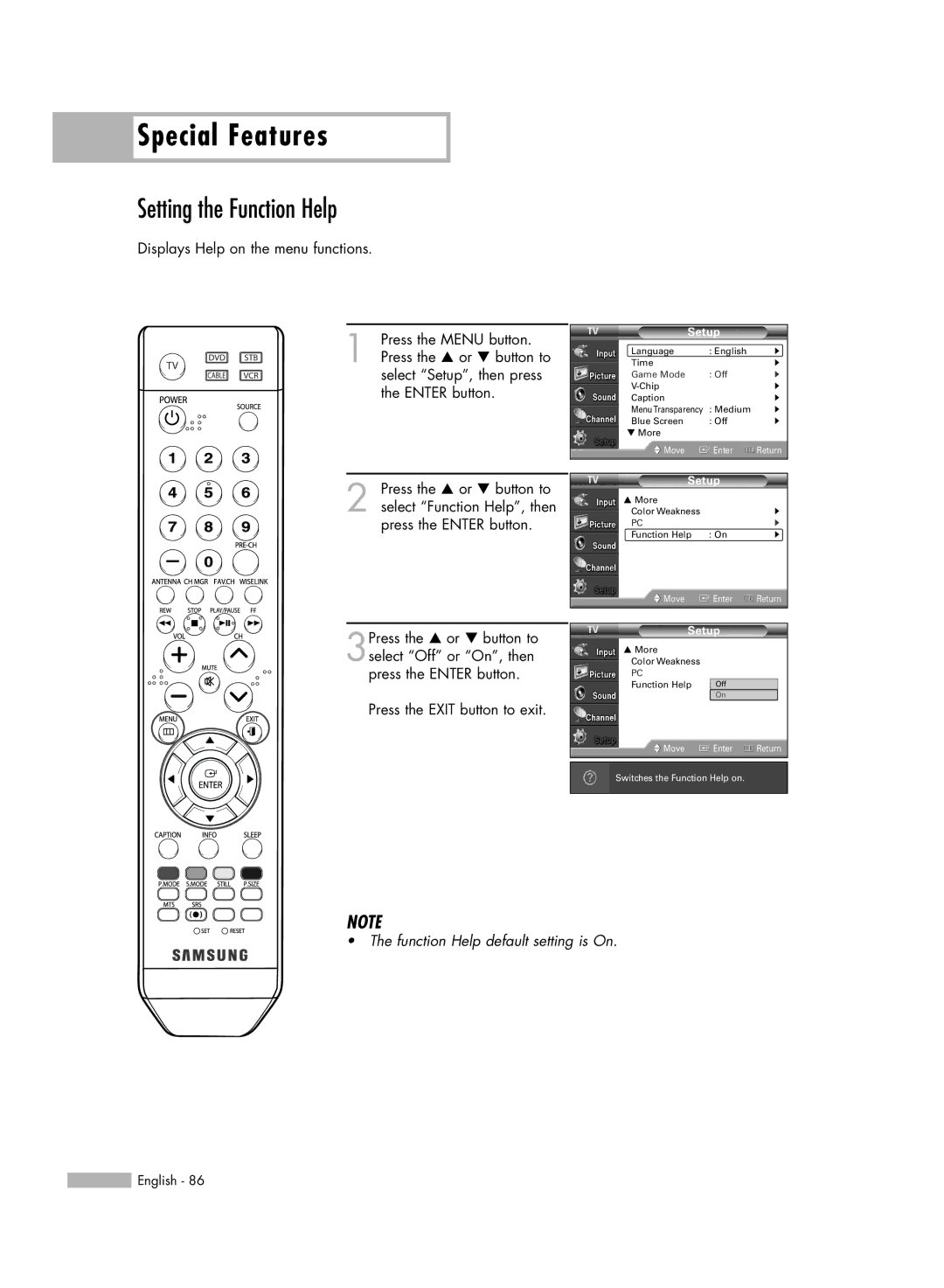 Samsung HL-S4676S manual Special Features, Setting the Function Help 