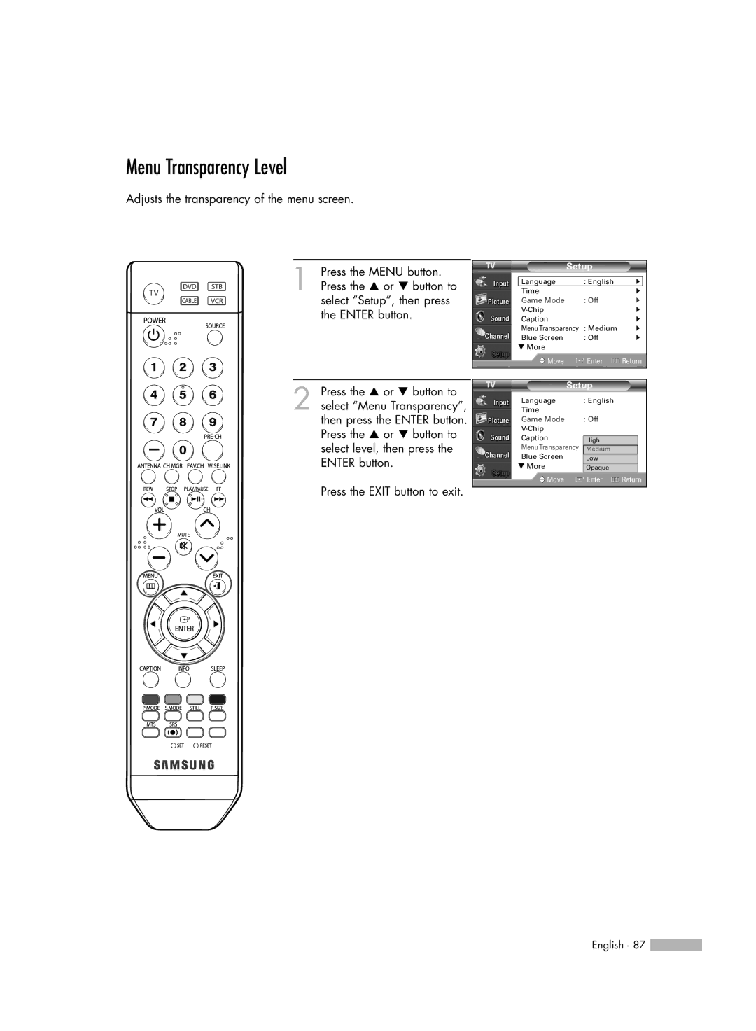 Samsung HL-S4676S manual Menu Transparency Level 