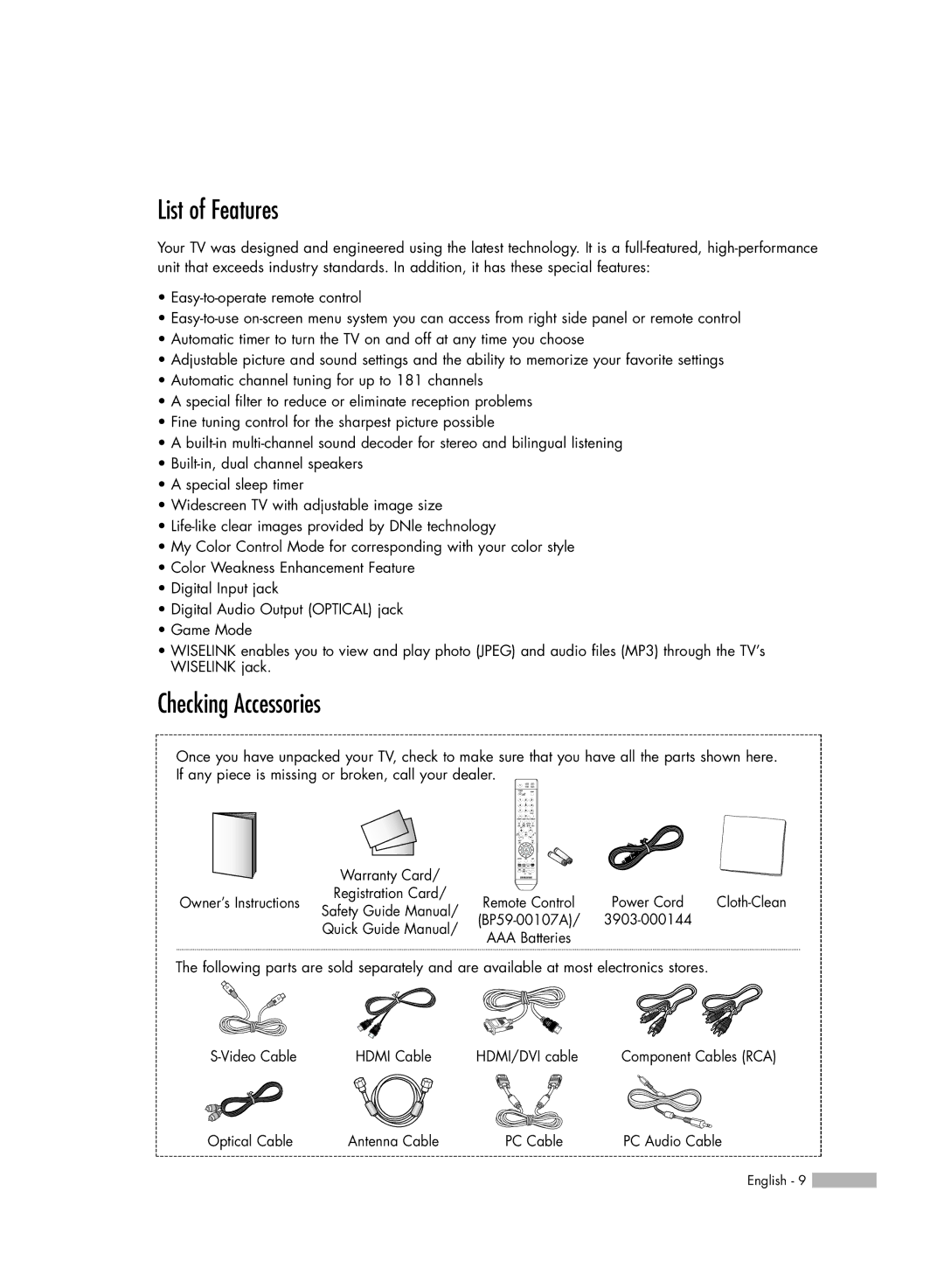 Samsung HL-S4676S manual List of Features, Checking Accessories 