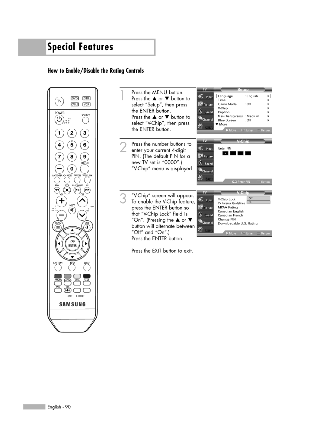 Samsung HL-S4676S manual How to Enable/Disable the Rating Controls, Chip Lock Off 