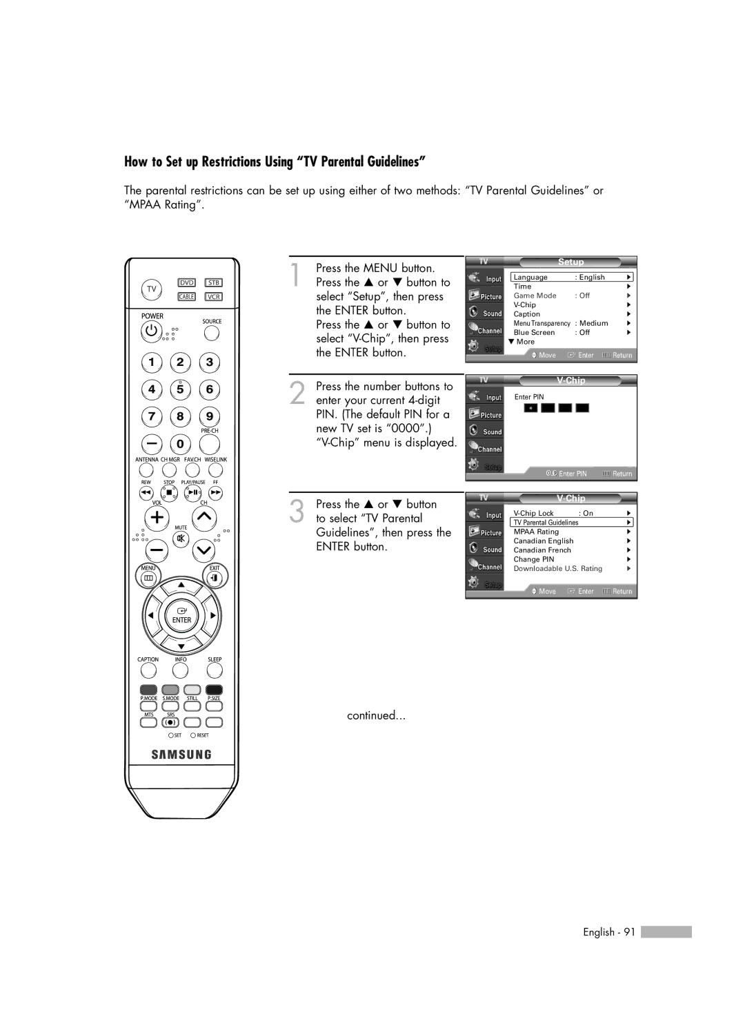 Samsung HL-S4676S manual How to Set up Restrictions Using TV Parental Guidelines 