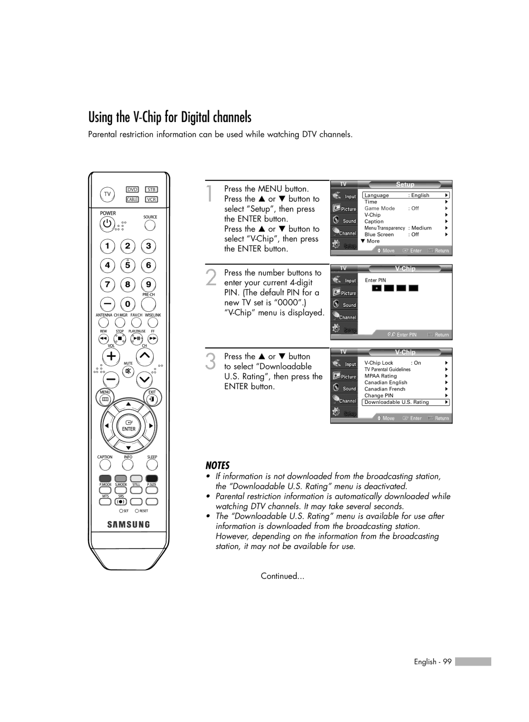 Samsung HL-S4676S manual Using the V-Chip for Digital channels 