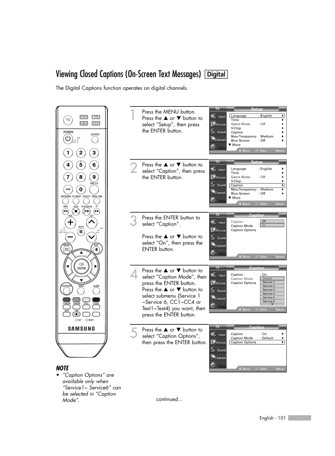 Samsung HL-S5086W manual Viewing Closed Captions On-Screen Text Messages 