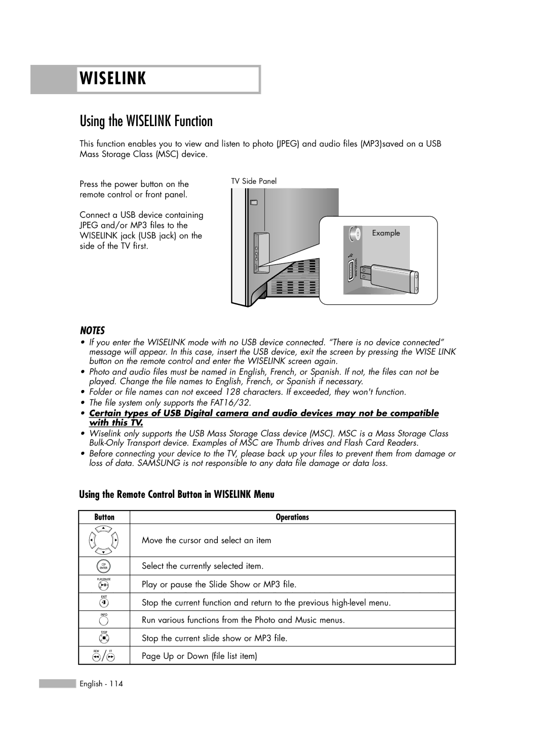 Samsung HL-S5086W manual Using the Wiselink Function, Using the Remote Control Button in Wiselink Menu 