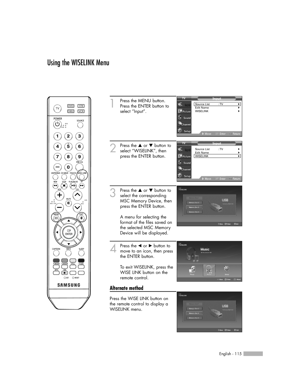 Samsung HL-S5086W manual Using the Wiselink Menu, Alternate method 