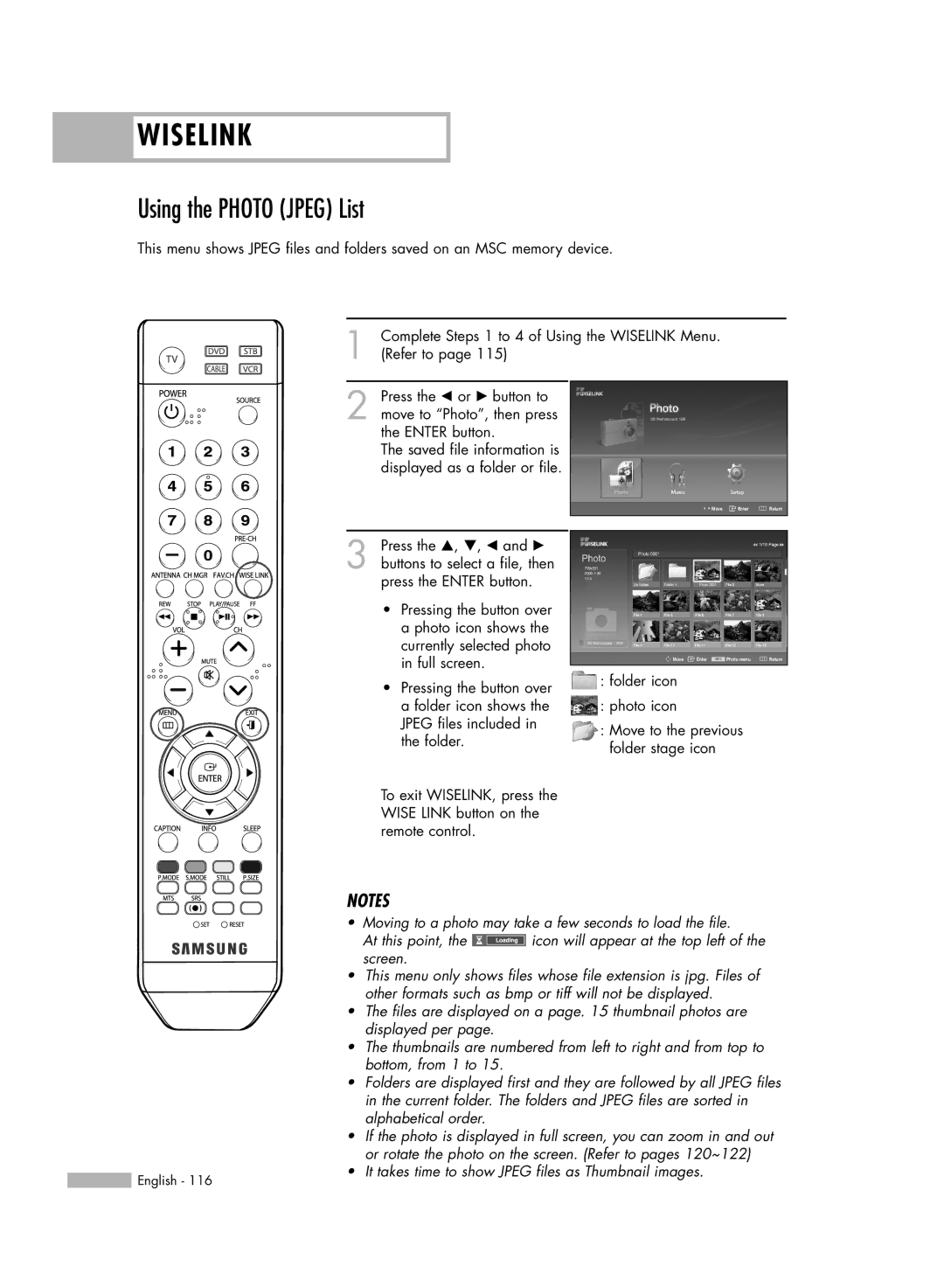 Samsung HL-S5086W manual Using the Photo Jpeg List 