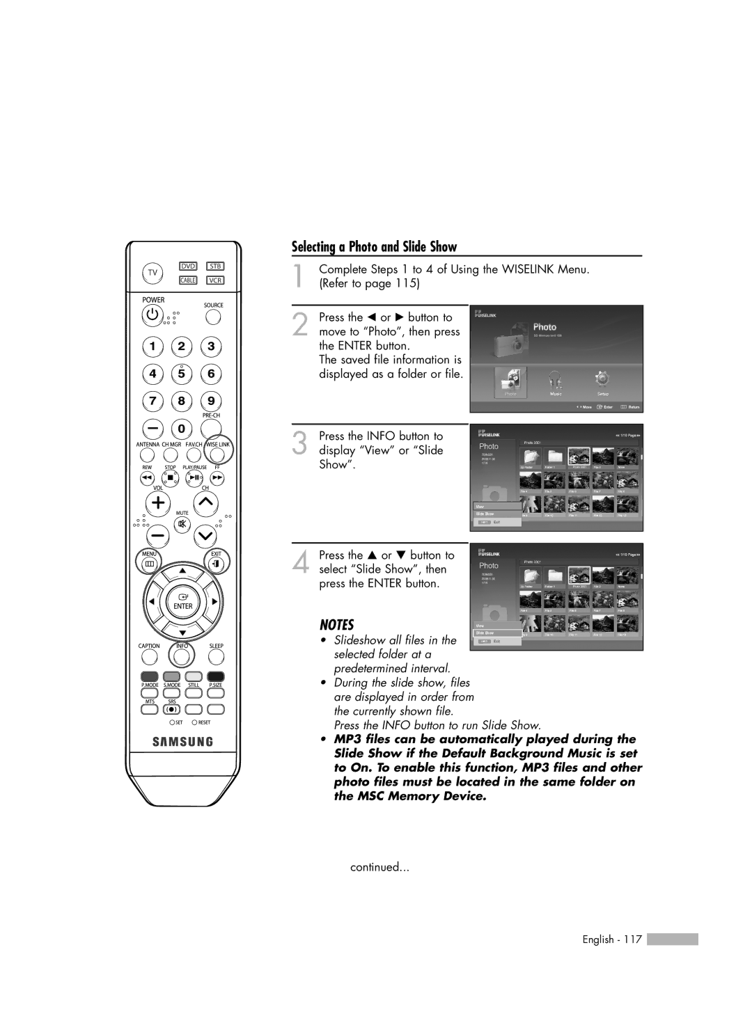 Samsung HL-S5086W manual Selecting a Photo and Slide Show 