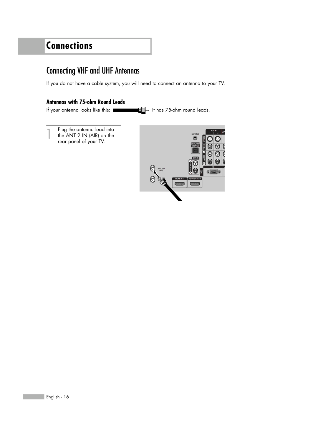 Samsung HL-S5086W manual Connecting VHF and UHF Antennas, Antennas with 75-ohm Round Leads 