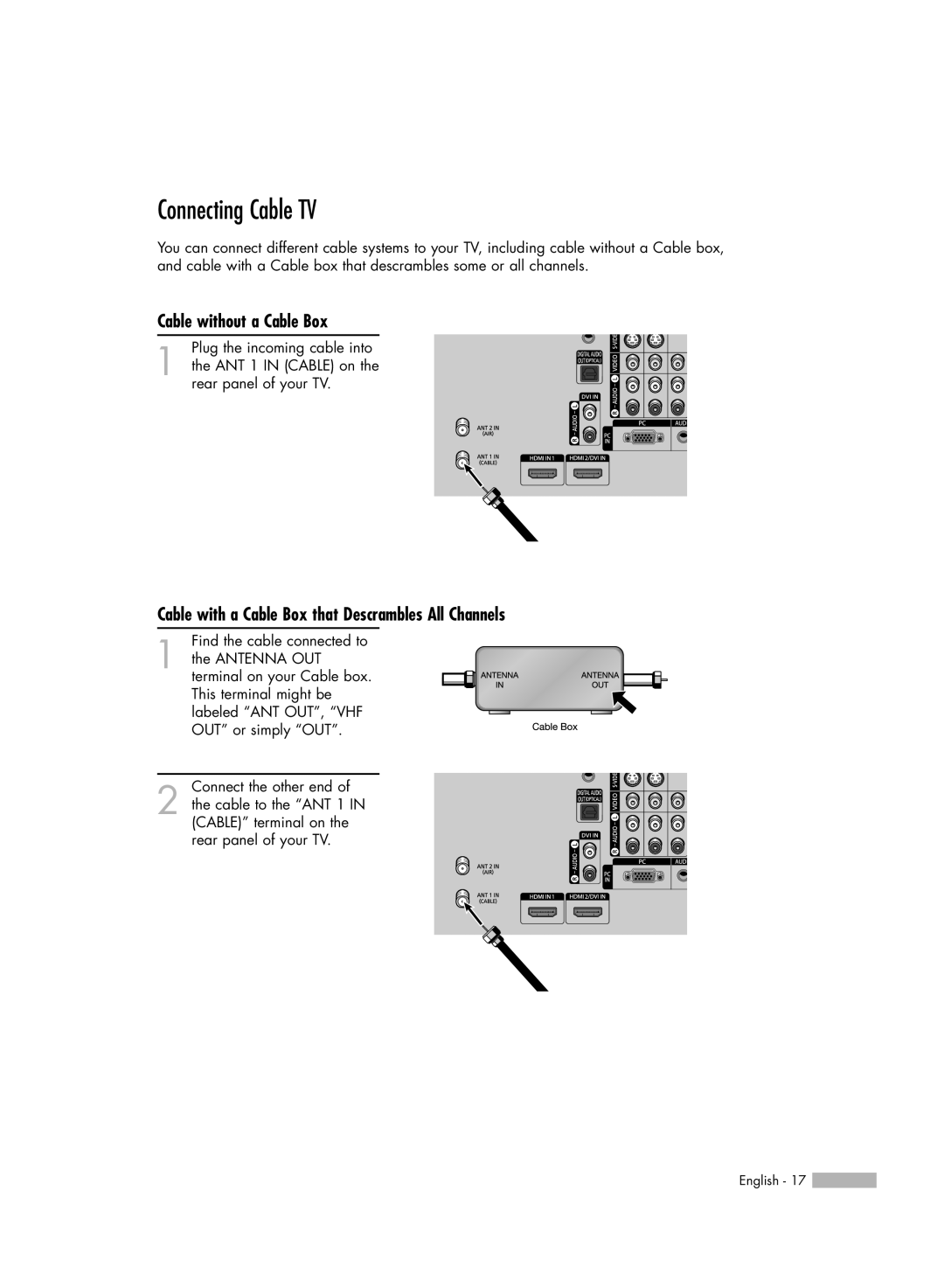 Samsung HL-S5086W Connecting Cable TV, Cable without a Cable Box, Cable with a Cable Box that Descrambles All Channels 