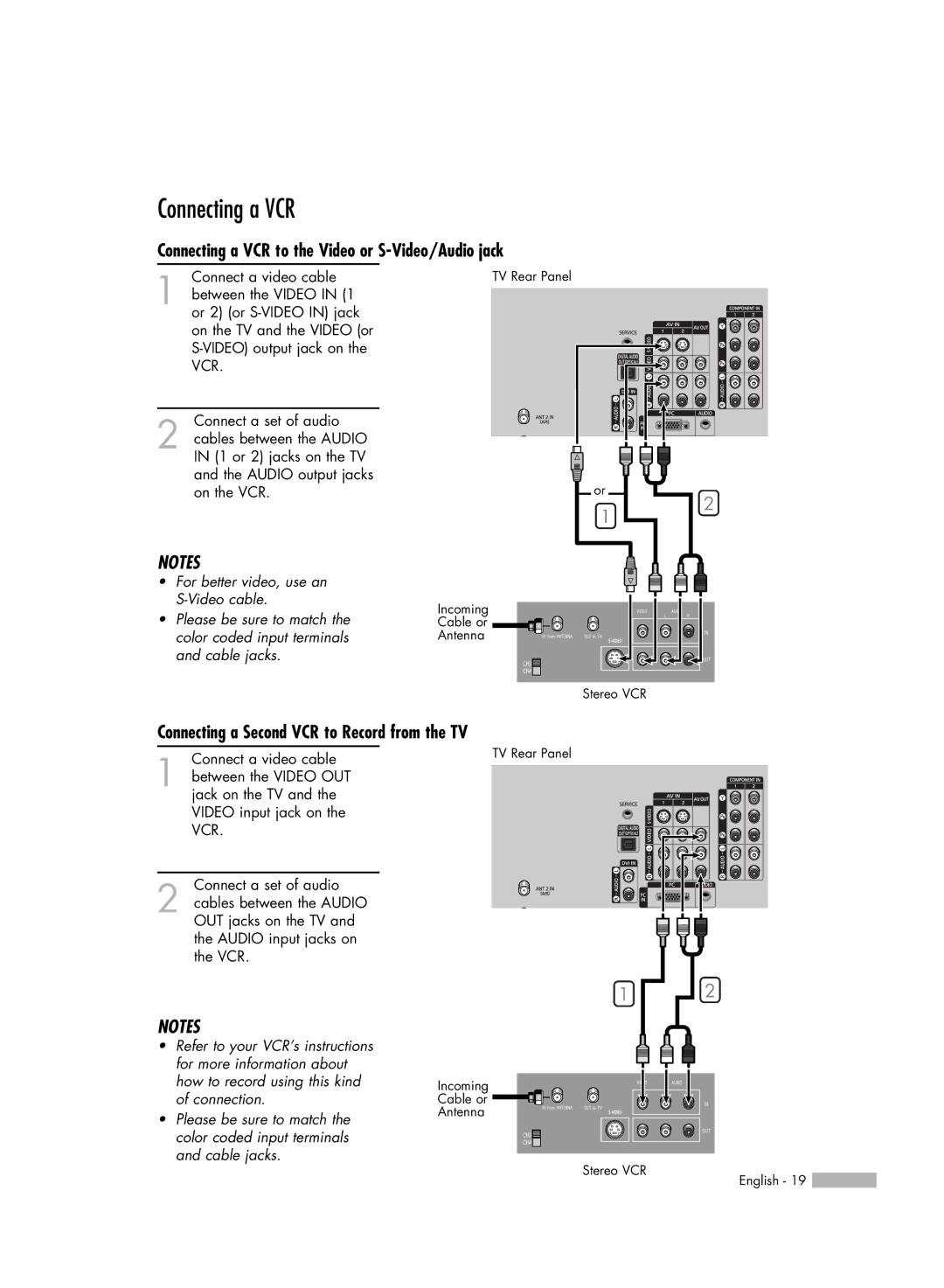 Samsung HL-S5086W Connecting a VCR to the Video or S-Video/Audio jack, Connecting a Second VCR to Record from the TV 