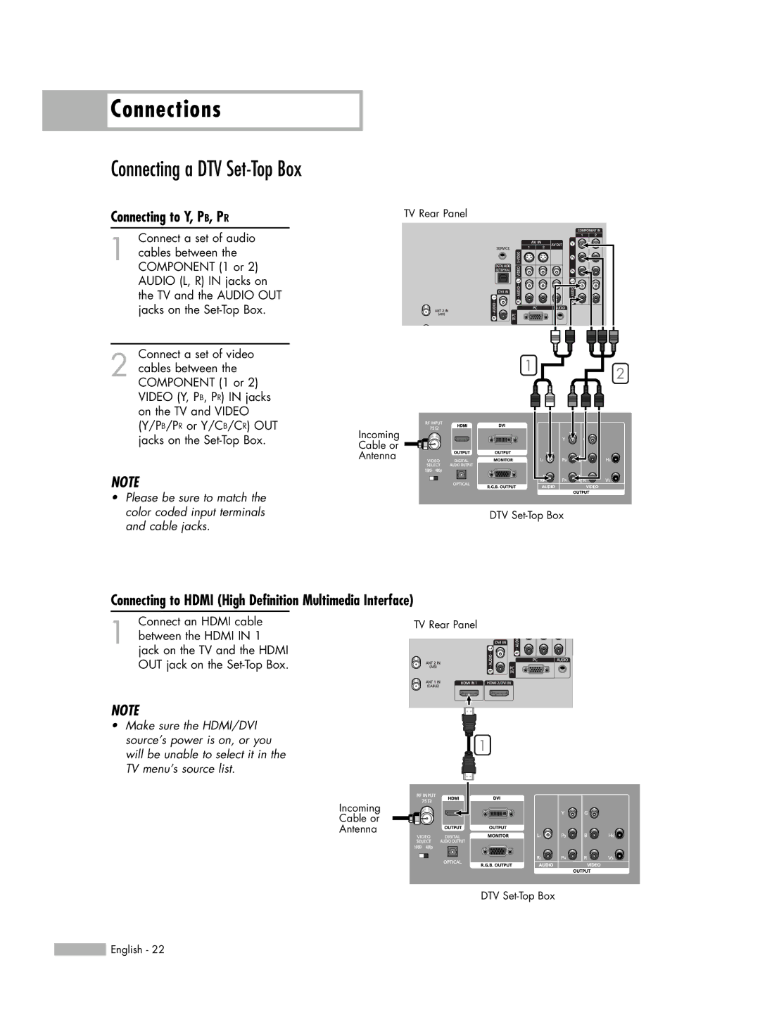 Samsung HL-S5086W manual Connecting a DTV Set-Top Box, Connecting to Hdmi High Definition Multimedia Interface 