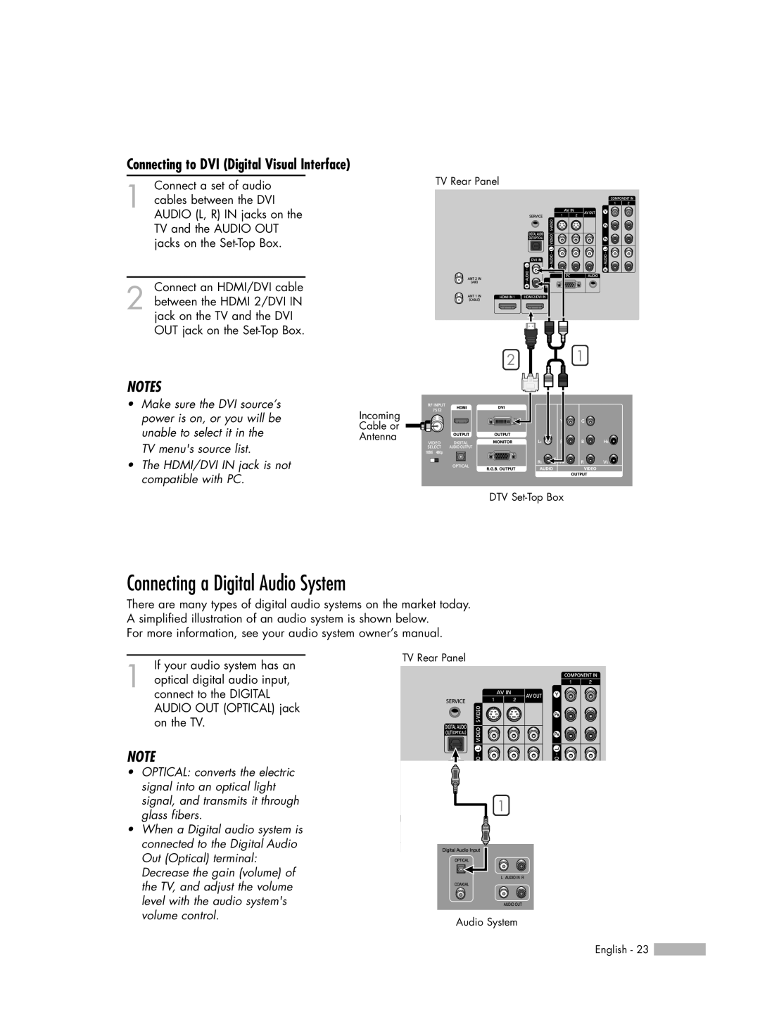 Samsung HL-S5086W manual Connecting a Digital Audio System, Connecting to DVI Digital Visual Interface 