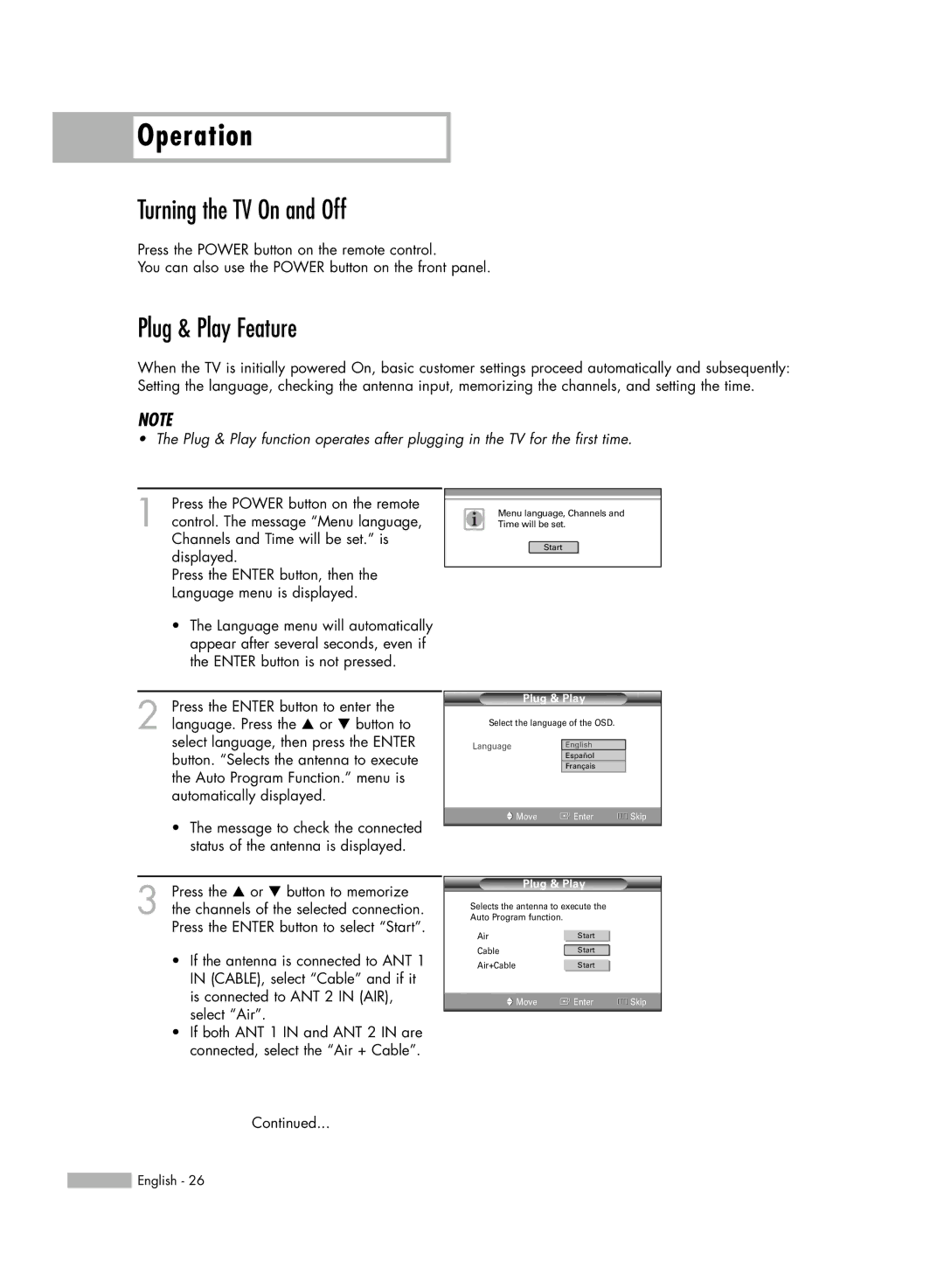 Samsung HL-S5086W manual Turning the TV On and Off, Plug & Play Feature 