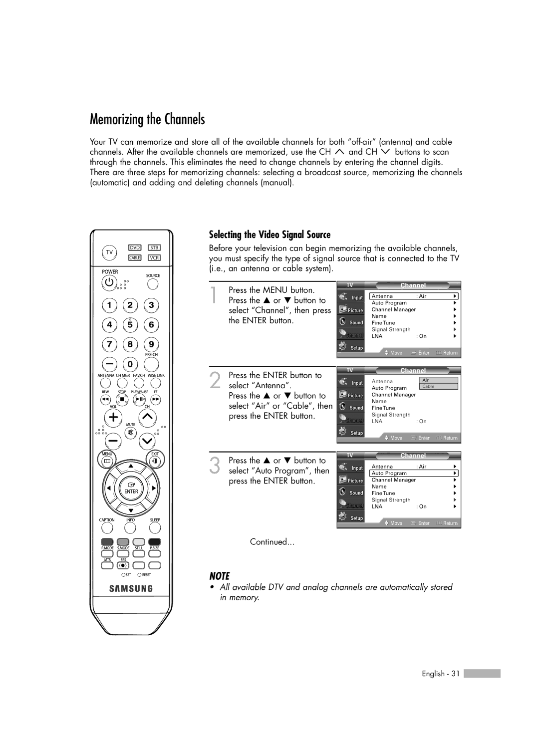 Samsung HL-S5086W manual Memorizing the Channels, Selecting the Video Signal Source 