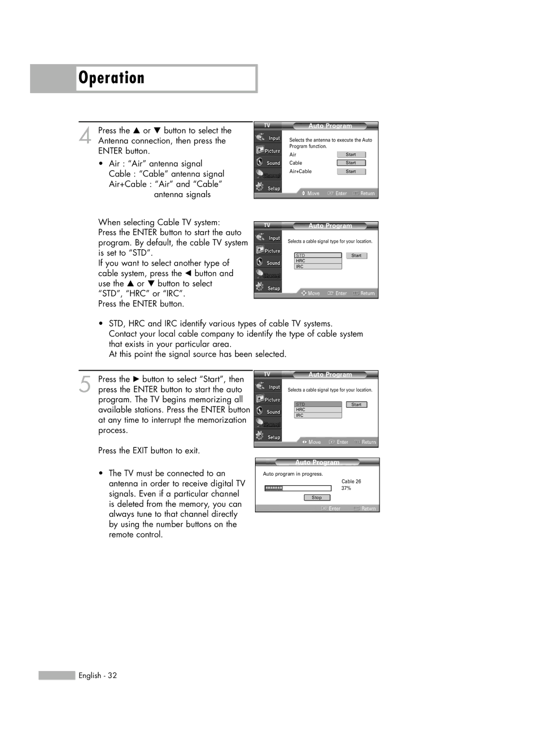 Samsung HL-S5086W manual Selects a cable signal type for your location 