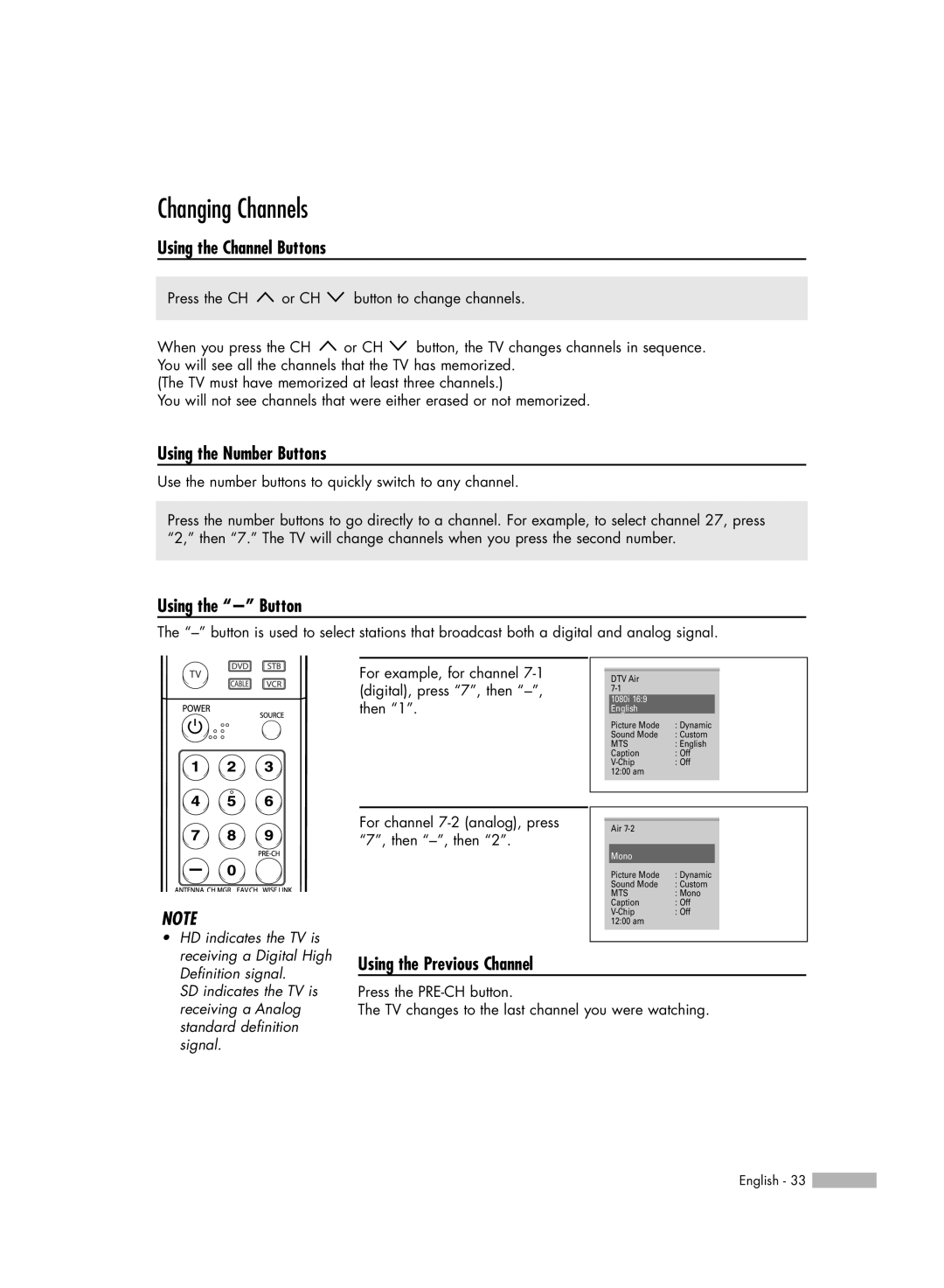 Samsung HL-S5086W manual Changing Channels, Using the Channel Buttons, Using the Number Buttons, Using the Button 