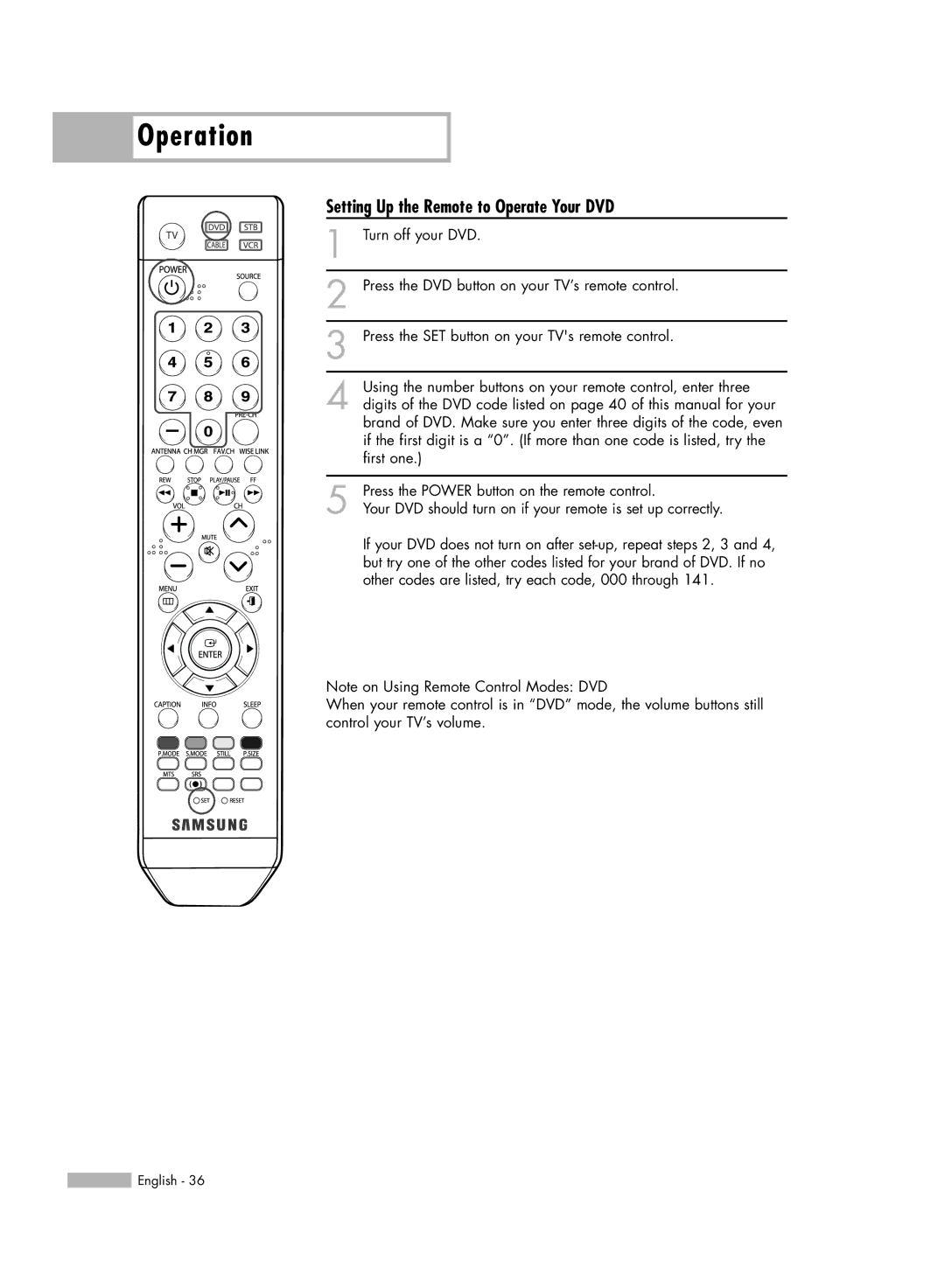 Samsung HL-S5086W manual Setting Up the Remote to Operate Your DVD 