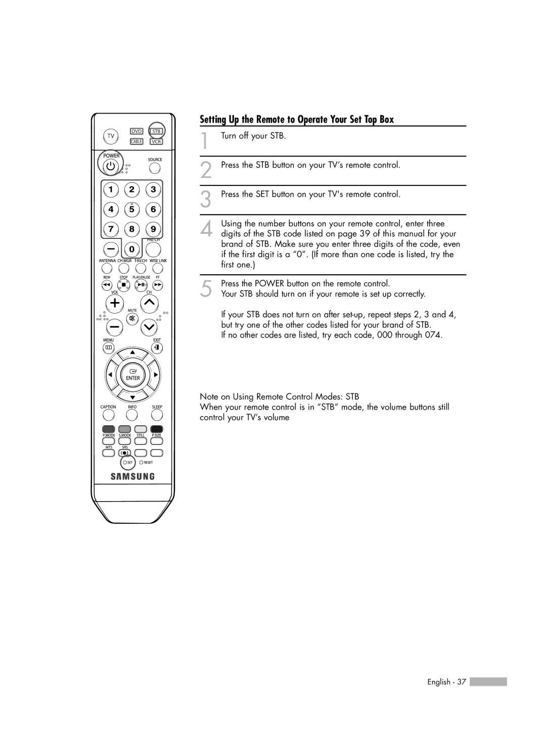 Samsung HL-S5086W manual Setting Up the Remote to Operate Your Set Top Box 