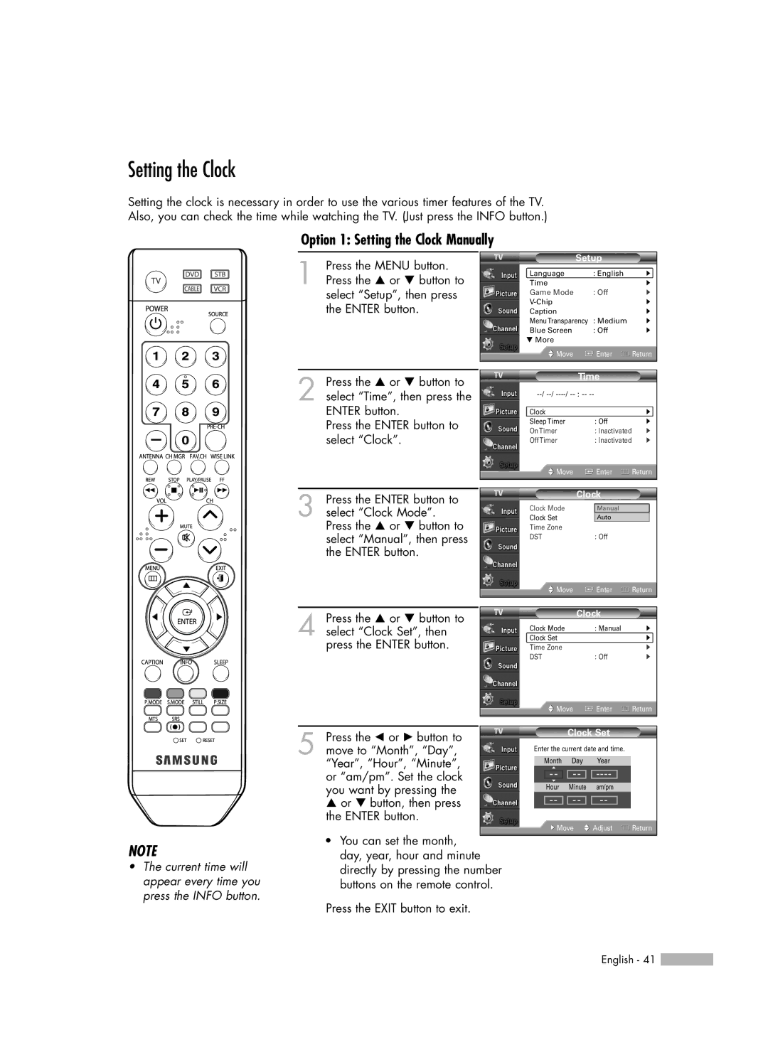 Samsung HL-S5086W manual Option 1 Setting the Clock Manually 