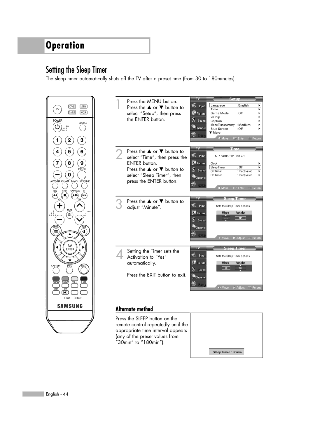 Samsung HL-S5086W manual Setting the Sleep Timer, Alternate method 