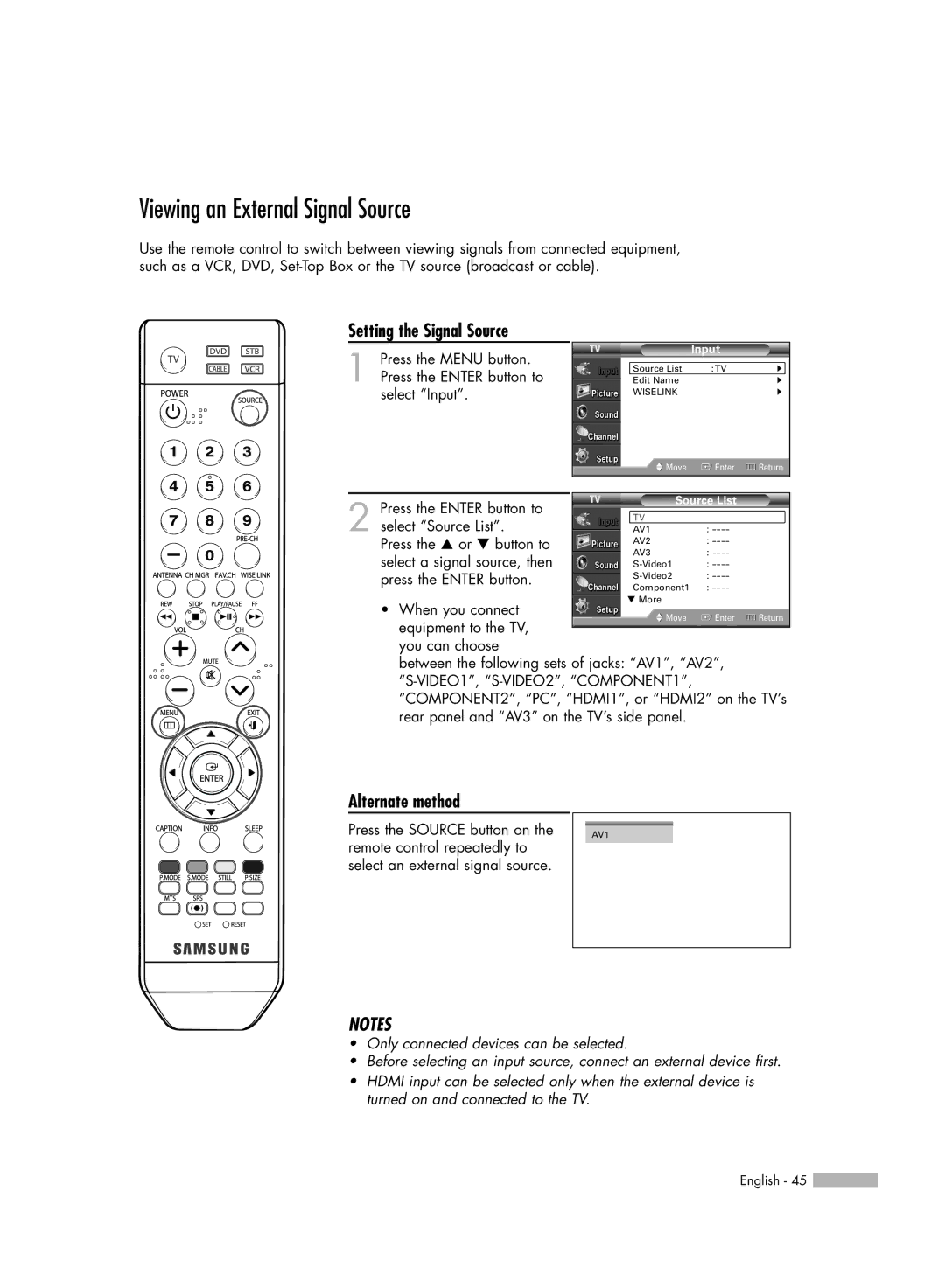 Samsung HL-S5086W manual Viewing an External Signal Source, Setting the Signal Source 