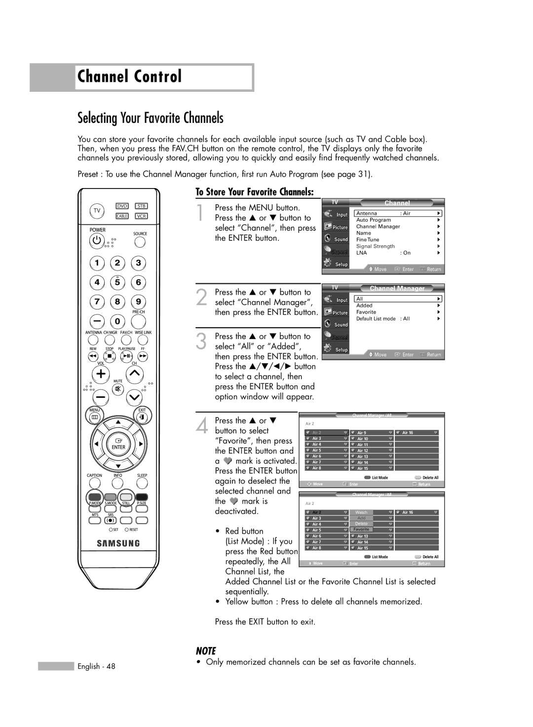 Samsung HL-S5086W manual Channel Control, Selecting Your Favorite Channels 