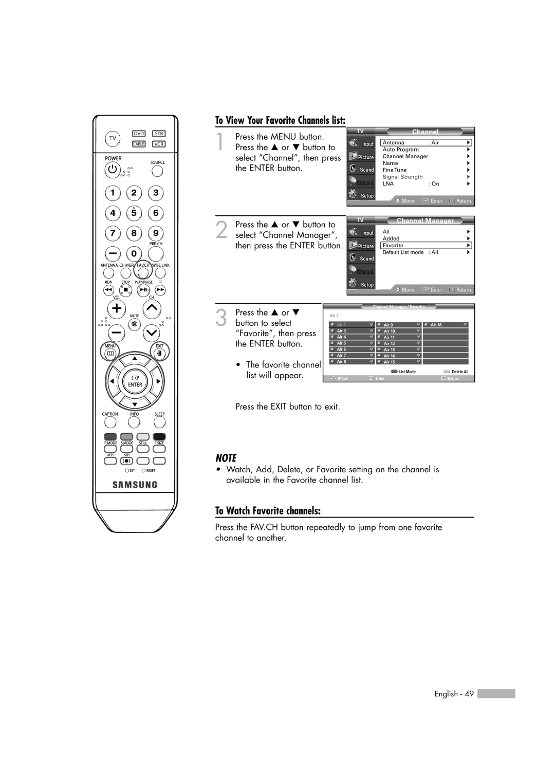 Samsung HL-S5086W manual To View Your Favorite Channels list, To Watch Favorite channels 