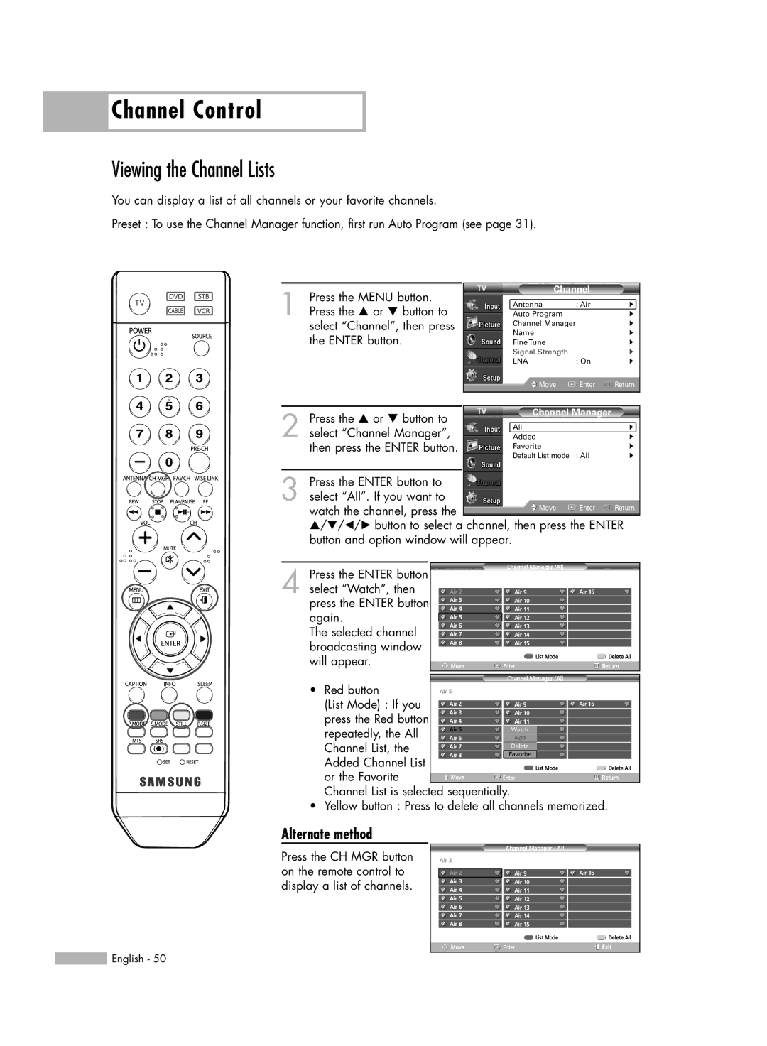 Samsung HL-S5086W manual Viewing the Channel Lists, Alternate method 